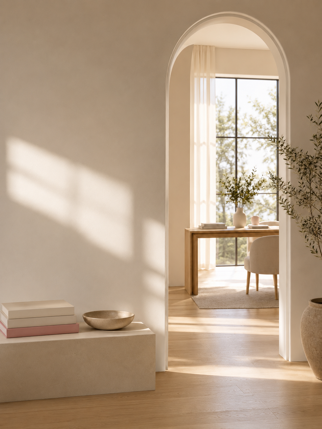 A quiet, sunlit living space opening onto a sunlit dining nook