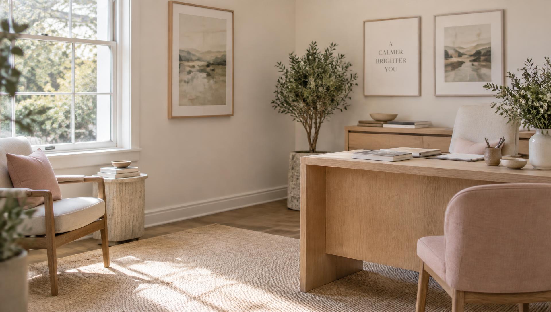 A calm, sunlit consultation office with an oak desk, olive tree and blush chairs